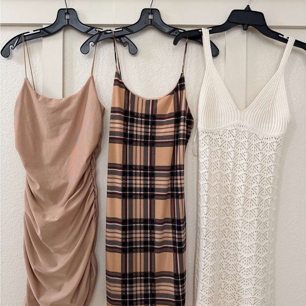 Elegant Beige, Plaid, and White Dress Set of 3